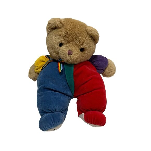 Vintage Eden Teddy Bear Plush Velour Primary Colors Rainbow Bow 13” Toy - RARE